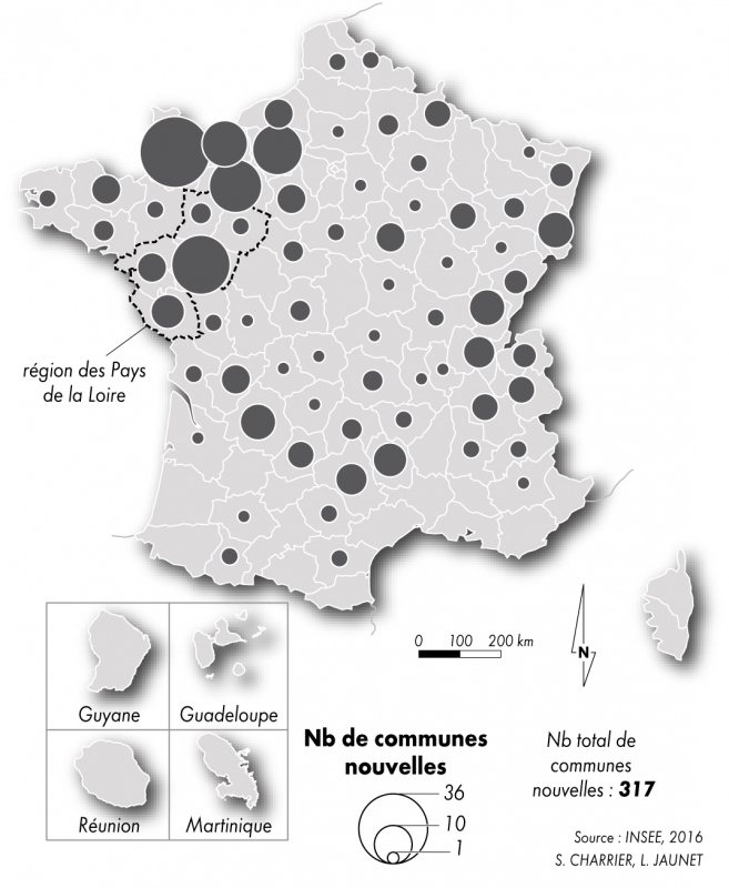 Figure 1 – les communes nouvelles créées au 1er janvier 2016 (INSEE) 