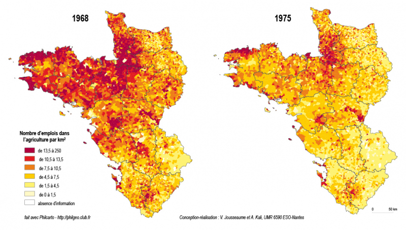 Figures 5 et 6 – L’évolution des densités agricoles de 1968 à 1975 