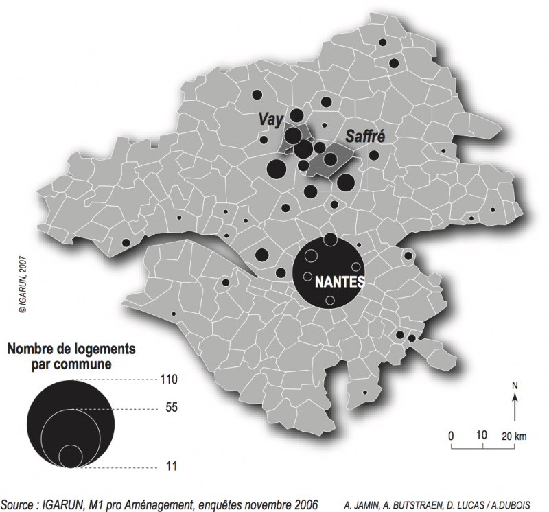 Figure 5 : La localisation en Loire-Atlantique des logements occupés entre le domicile parental et l’installation à Saffré et Vay 