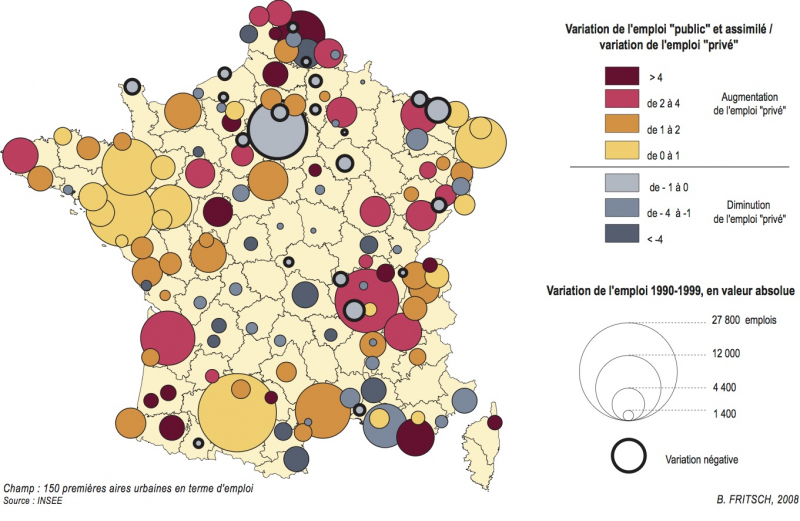 Figure 2 : Emploi public et assimilé versus emploi privé dans les aires urbaines françaises, 1990-1999 