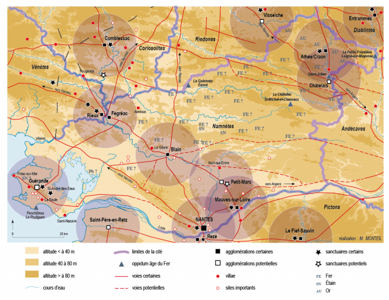 Figure 3 – La cité des Namnètes au Haut-Empire : état des connaissances. Les cercles, centrés sur les agglomérations certaines ou potentielles, dessinent des territoires théoriques d’un diamètre de 25 km. 